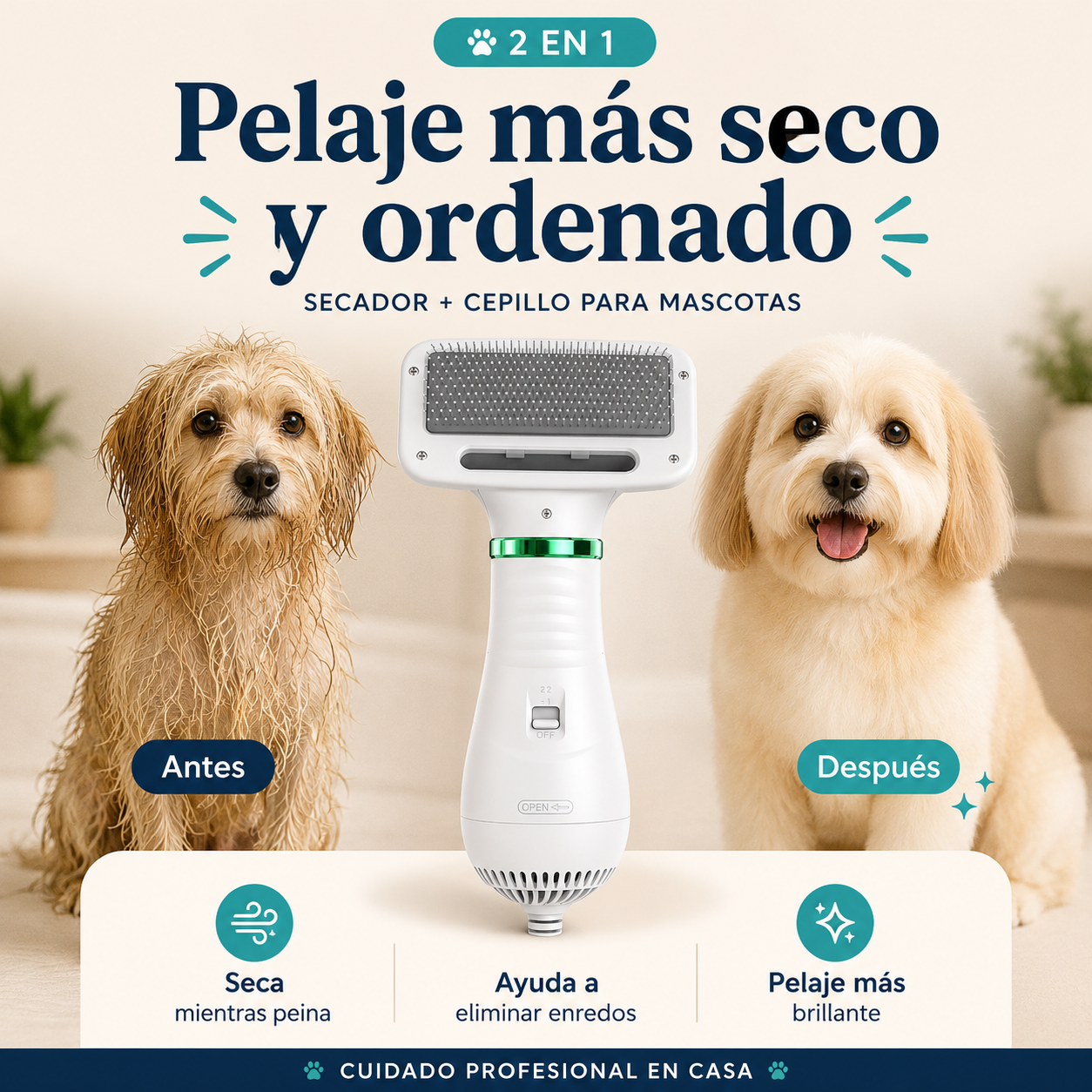 Cepillo Secador 2 en 1 para Mascotas