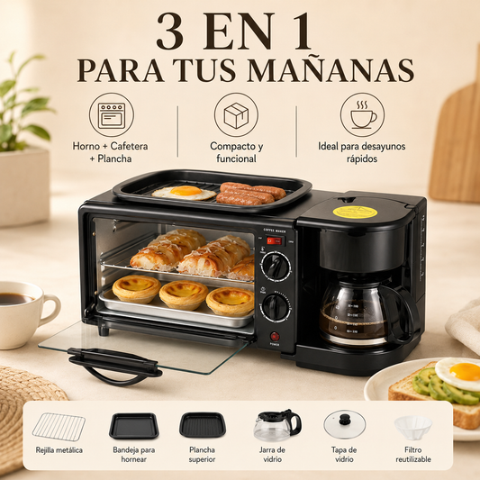 Horno Eléctrico 3 en 1 con Cafetera y Plancha Superior