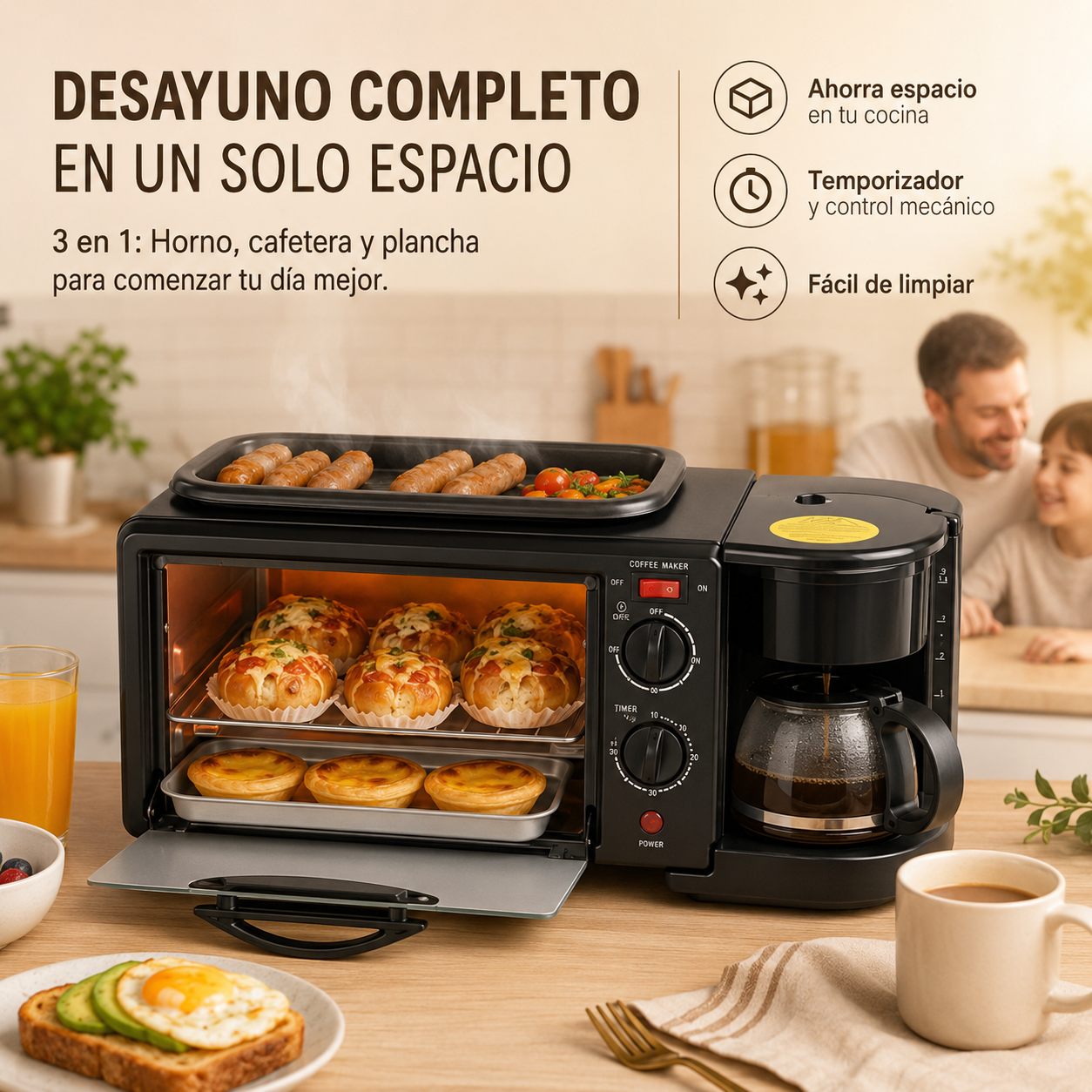 Horno Eléctrico 3 en 1 con Cafetera y Plancha Superior