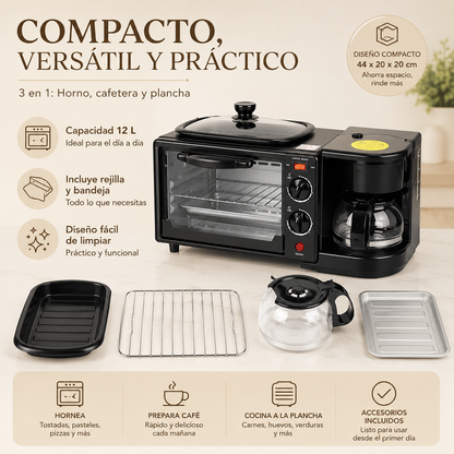 Horno Eléctrico 3 en 1 con Cafetera y Plancha Superior