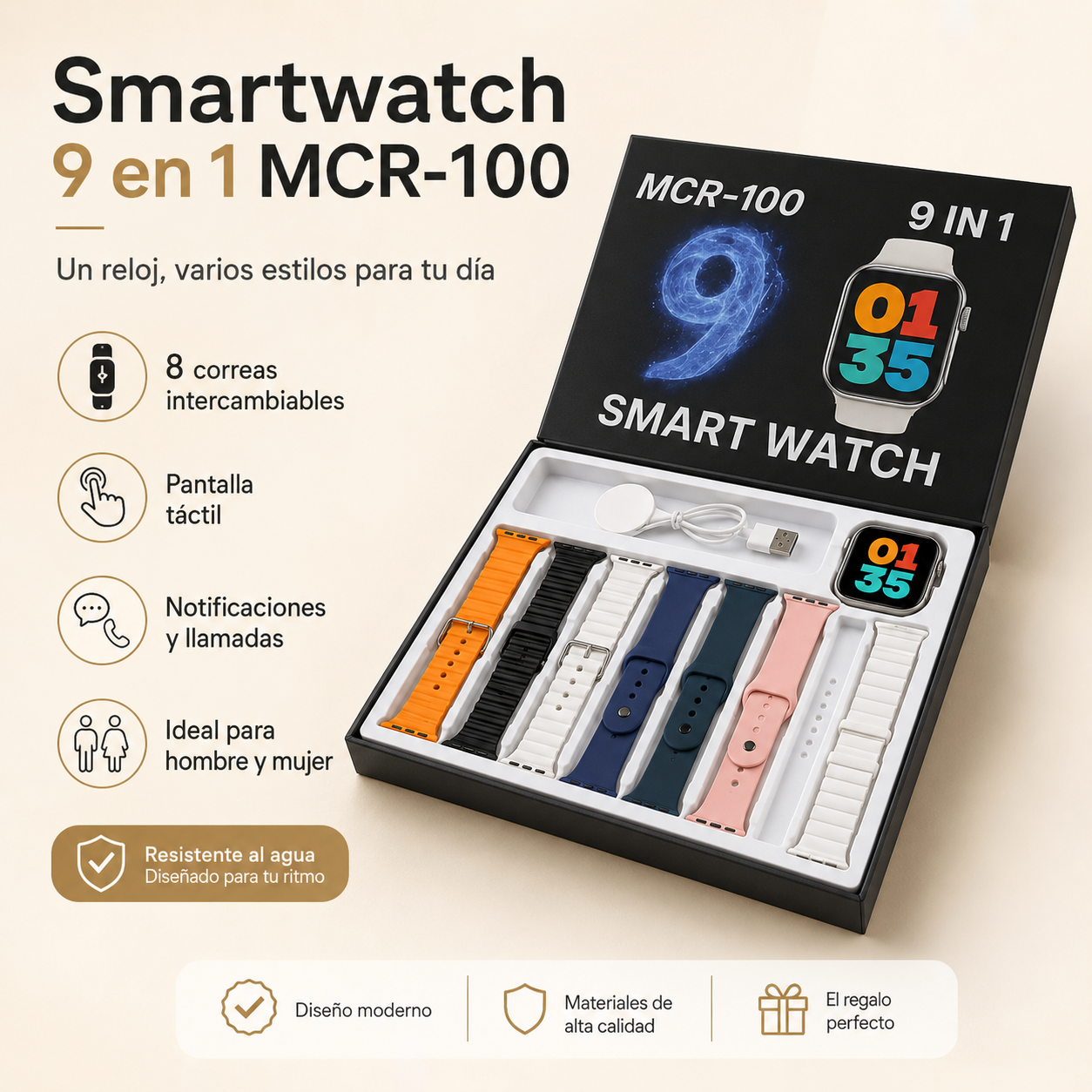 Smartwatch 9 en 1 MCR-100 con 8 Correas Intercambiables