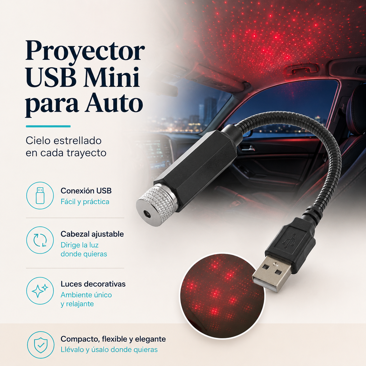 Proyector Cielo Estrellado USB para Vehiculos
