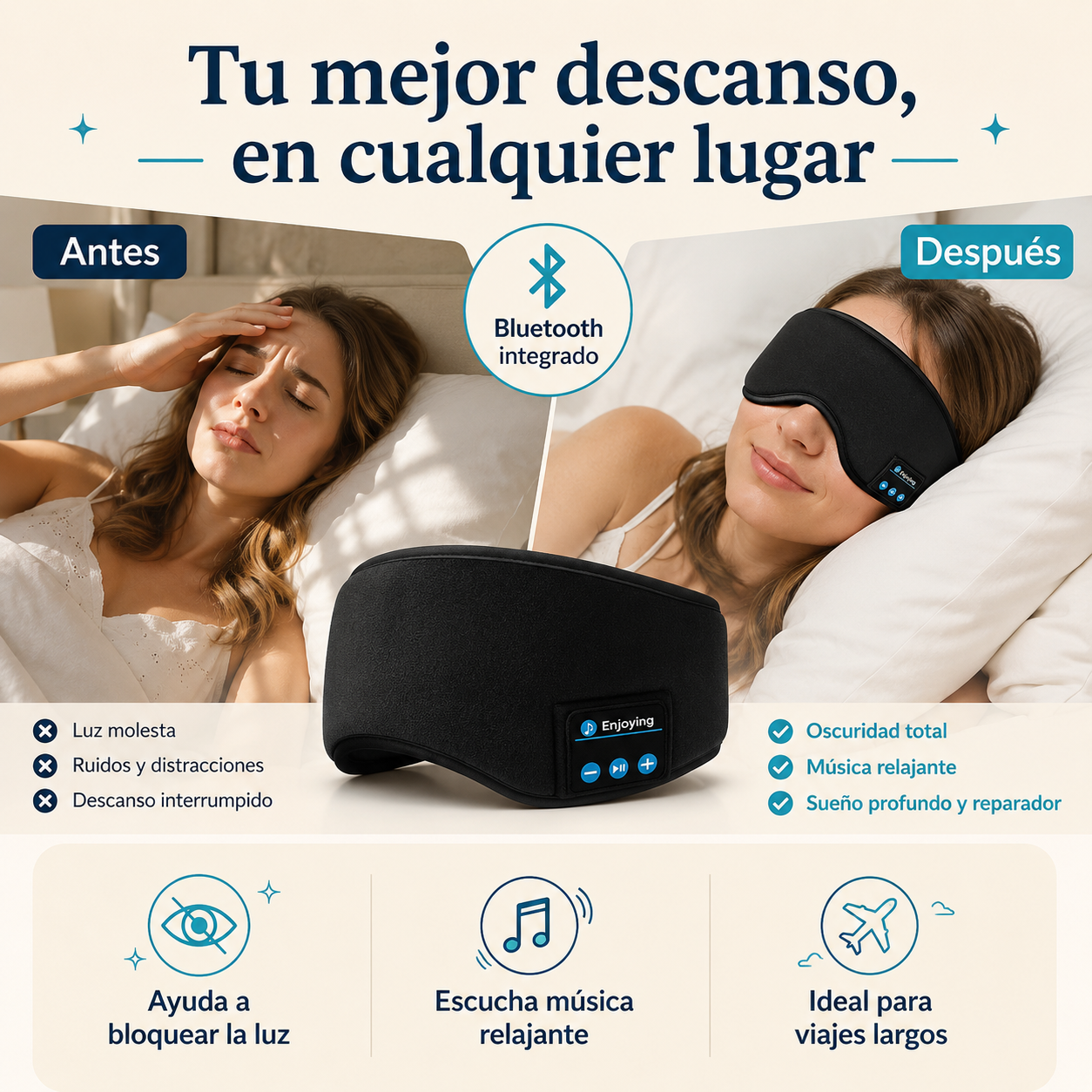 Antifaz Bluetooth con Audífonos para Dormir